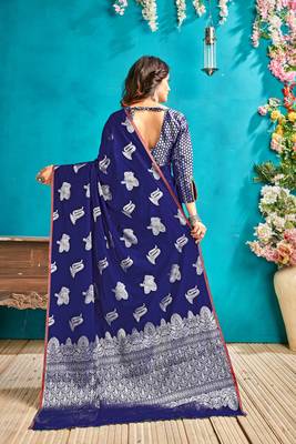 Royal blue woven silk blend saree with blouse 3