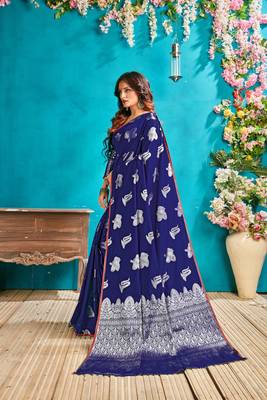 Royal blue woven silk blend saree with blouse 4