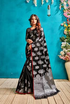 Black woven silk blend saree with blouse 1