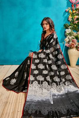 Black woven silk blend saree with blouse 2