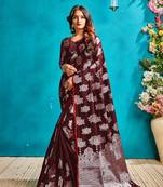 Dark brown woven silk blend saree with blouse