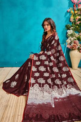 Dark brown woven silk blend saree with blouse 2