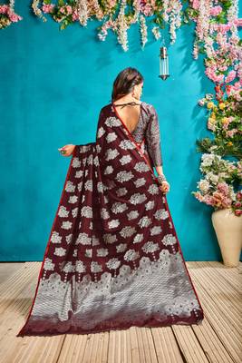 Dark brown woven silk blend saree with blouse 3