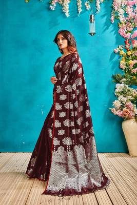 Dark brown woven silk blend saree with blouse 4