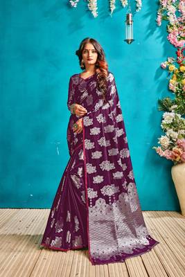 Dark magenta woven silk blend saree with blouse 1