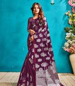 Dark magenta woven silk blend saree with blouse