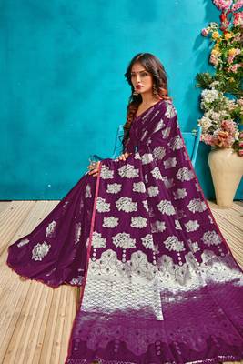 Dark magenta woven silk blend saree with blouse 2