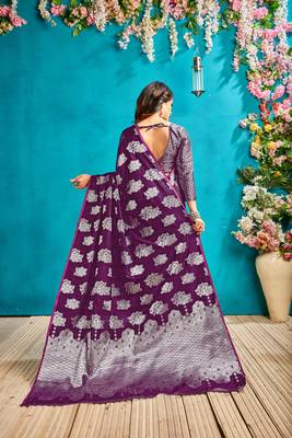 Dark magenta woven silk blend saree with blouse 3