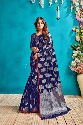 Dark royal blue woven silk blend saree with blouse 1