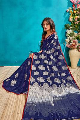 Dark royal blue woven silk blend saree with blouse 2