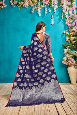 Dark royal blue woven silk blend saree with blouse 3