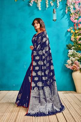 Dark royal blue woven silk blend saree with blouse 4