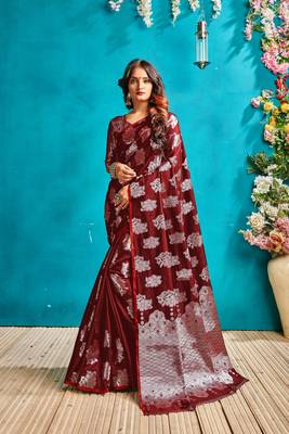 Scarlet red woven silk blend saree with blouse 5