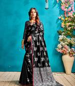 Black woven silk blend saree with blouse