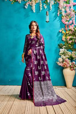 Purple woven silk blend saree with blouse 1