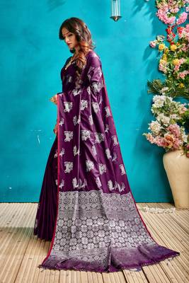 Purple woven silk blend saree with blouse 4