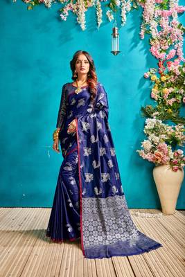 Royal blue woven silk blend saree with blouse 1