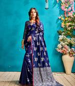 Royal blue woven silk blend saree with blouse