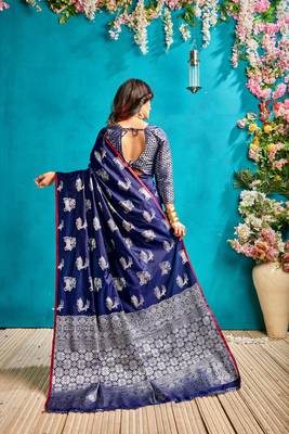 Royal blue woven silk blend saree with blouse 3