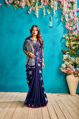 Royal blue woven silk blend saree with blouse 4