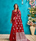 Scarlet red woven silk blend saree with blouse
