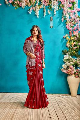 Scarlet red woven silk blend saree with blouse 2
