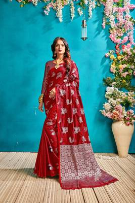 Scarlet red woven silk blend saree with blouse 5