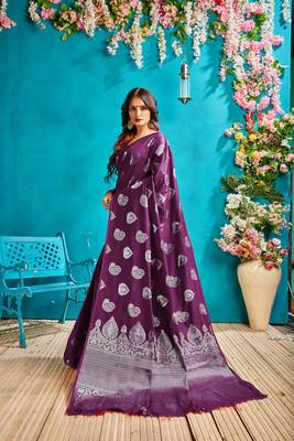 Purple woven silk blend saree with blouse 4