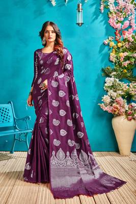 Purple woven silk blend saree with blouse 5