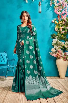 Green woven silk blend saree with blouse 1