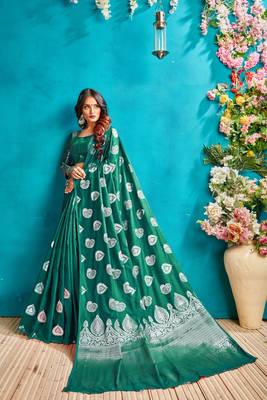Green woven silk blend saree with blouse 2