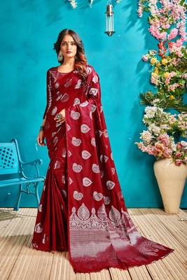 Scarlet red woven silk blend saree with blouse 1