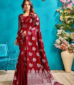 Scarlet red woven silk blend saree with blouse