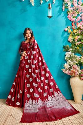 Scarlet red woven silk blend saree with blouse 2