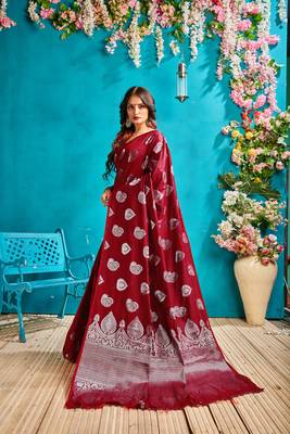 Scarlet red woven silk blend saree with blouse 4