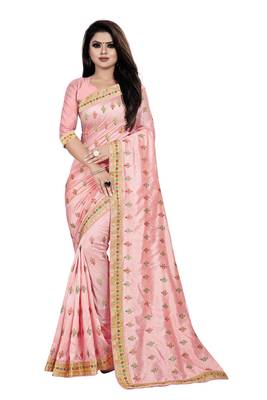 Light-pink embroidered silk saree with blouse 1
