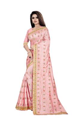 Light-pink embroidered silk saree with blouse 3