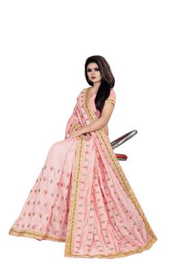 Light-pink embroidered silk saree with blouse 4