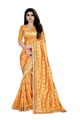 Orange embroidered silk saree with blouse 1