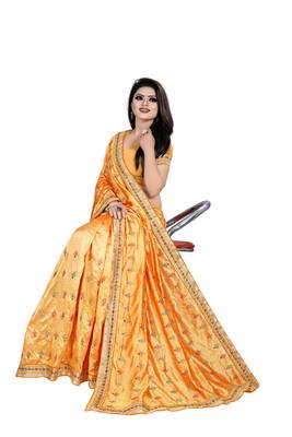 Orange embroidered silk saree with blouse 4