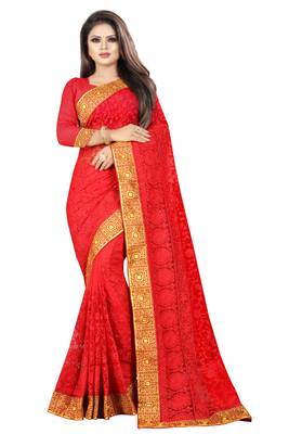 Red embroidered net saree with blouse 1