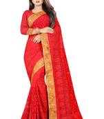 Red embroidered net saree with blouse