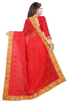 Red embroidered net saree with blouse 2