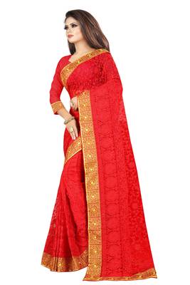 Red embroidered net saree with blouse 3