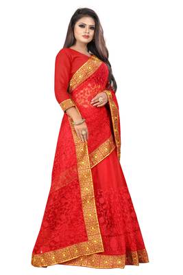 Red embroidered net saree with blouse 4
