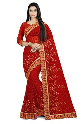 Red embroidered net saree with blouse 1