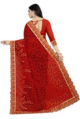 Red embroidered net saree with blouse 2