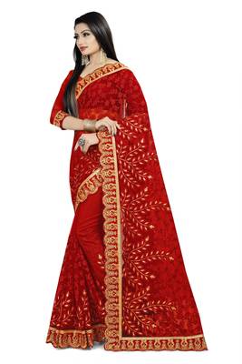 Red embroidered net saree with blouse 3