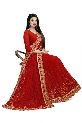 Red embroidered net saree with blouse 4