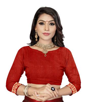Red embroidered net saree with blouse 5